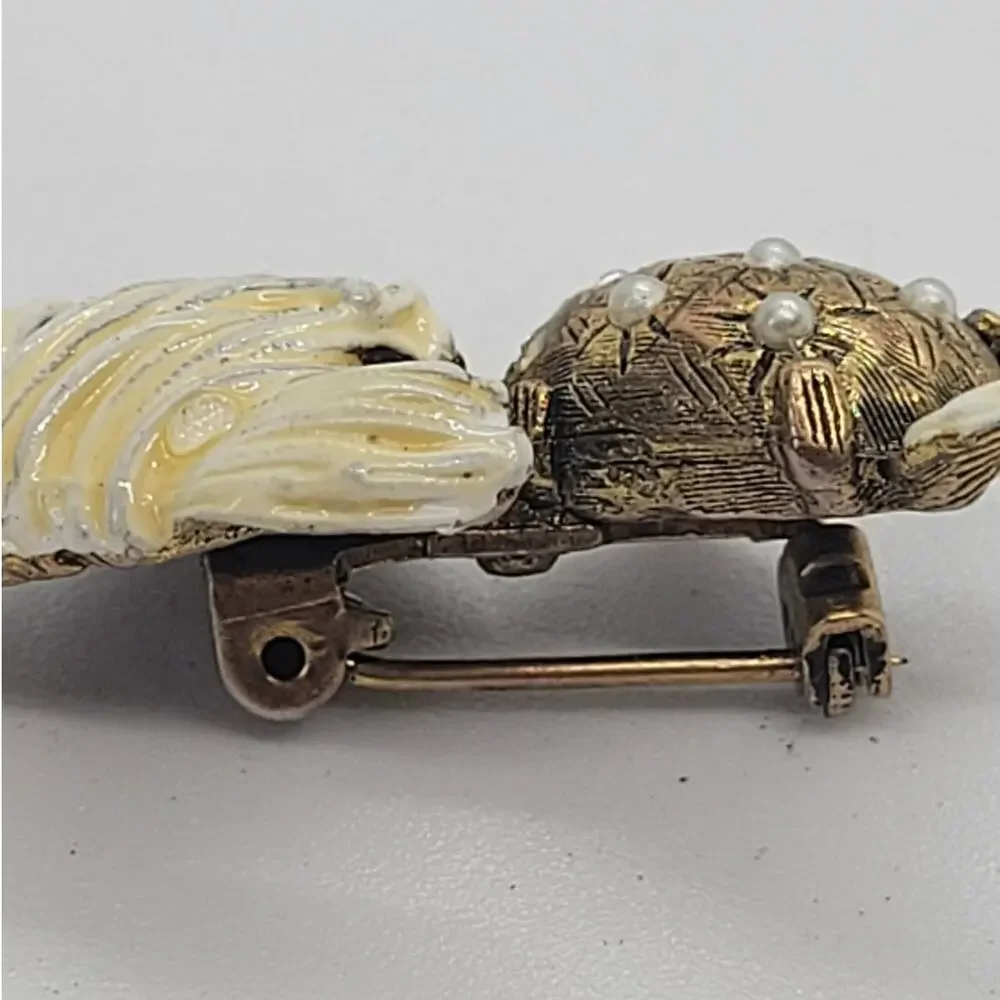 Signed WEISS Shaggy Dog Brooch Gold Tone Enamel Pearl Mid Century Whimsical